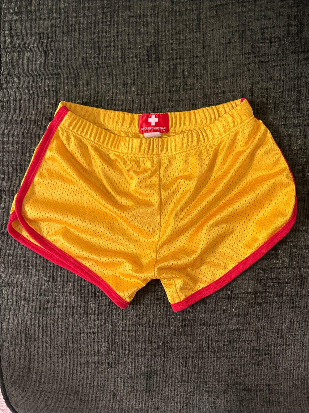 Andrew Christian Yellow Mesh Athletic Shorts with Red Trim